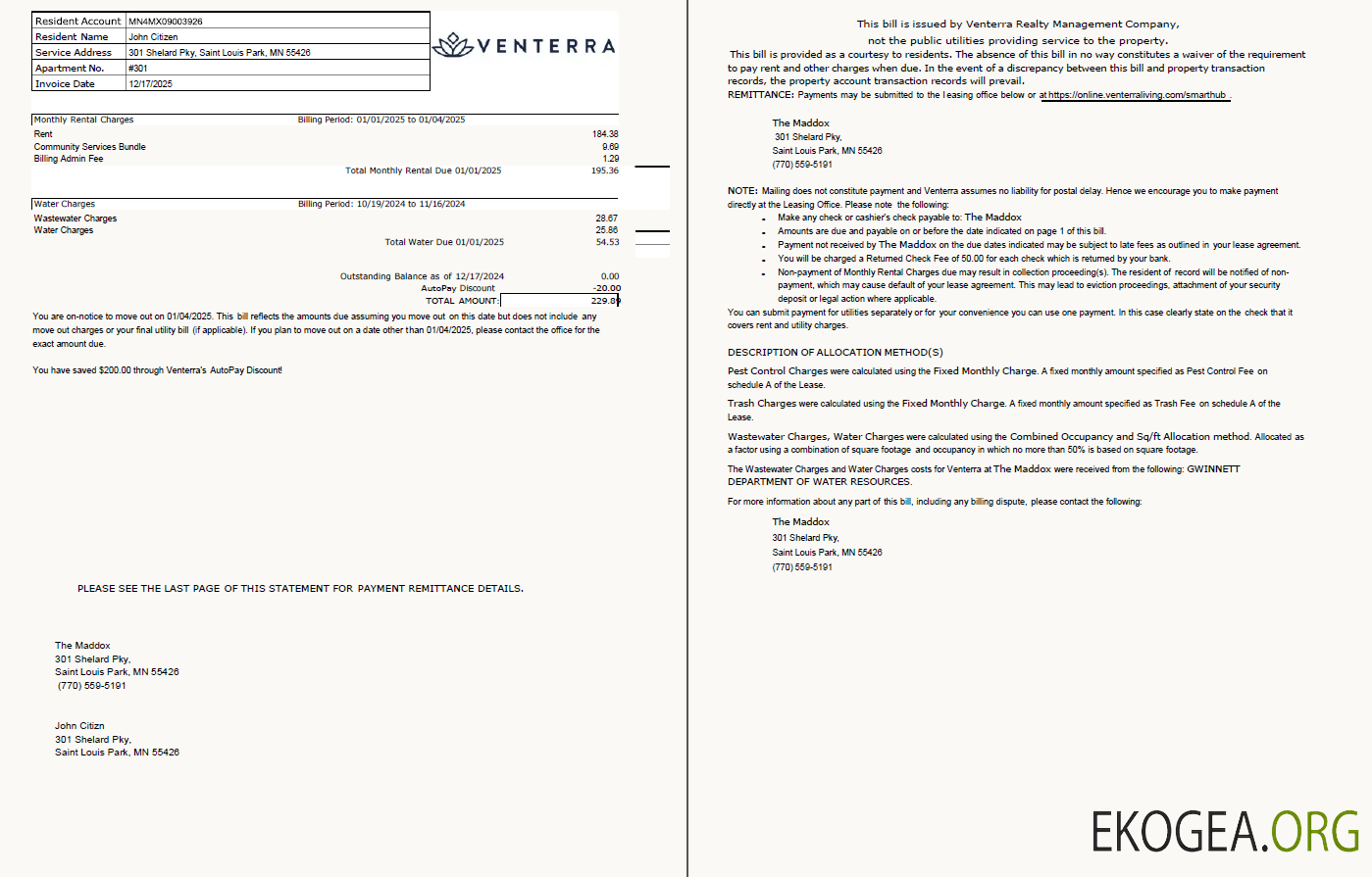 USA Venterra utility bill template in Word and PDF formats, 2 pages